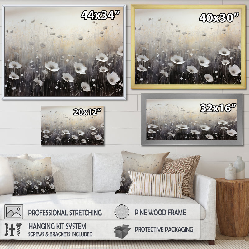 «Misty Opalescent Floral Field», reproduction sur toile, Cadre simple noir, H 24 po x l 32 po x P 1 po