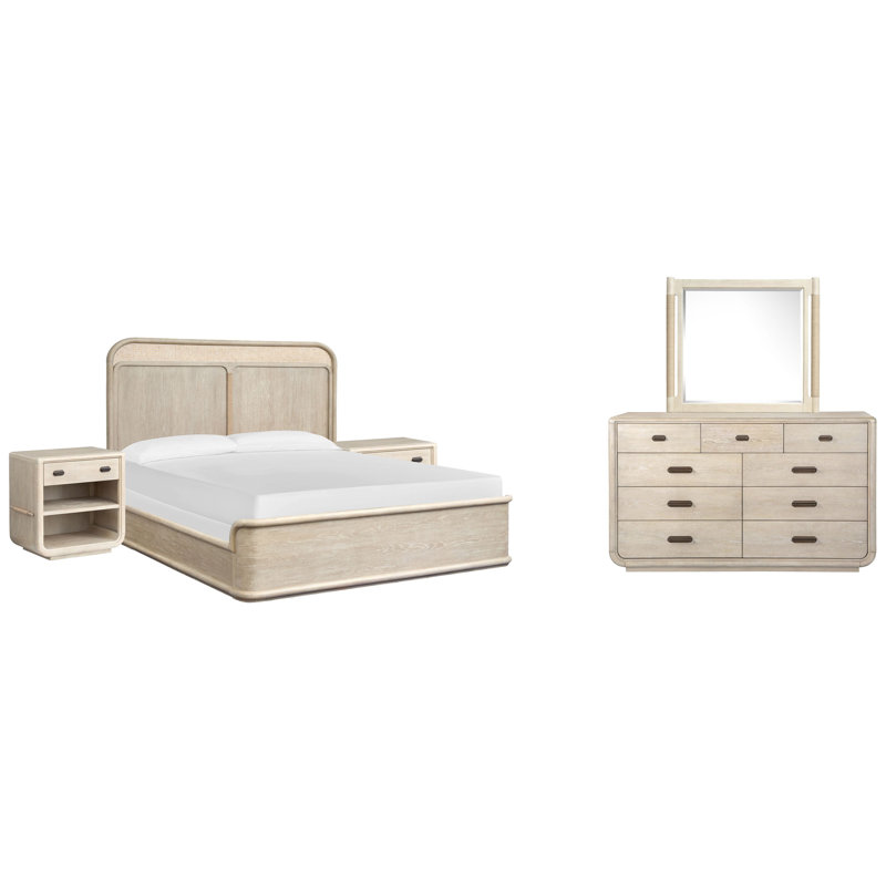 Très grand lit à panneau Regulski California avec 2 tables de chevet ouvertes et commode 9 tiroirs avec miroir