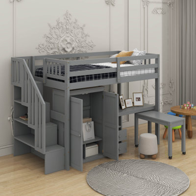 Twin Loft Bed With Stairs, Drawers, Desk And Wardrobe
