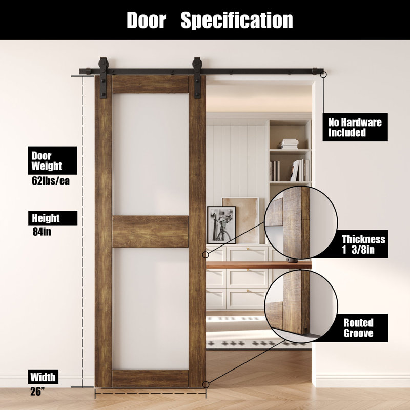 Porte de grange coulissante en bois massif non assemblé 26 pi x 84 po noyer foncé 26 po x 84 po, 26 po x 84 po
