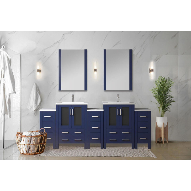 84 po W Bleu avec double vasque de salle de bain avec robinet, comptoir en céramique blanche, 22 miroirs, armoires latérales et une surface à gratter longue durée, robinet à trou unique avec comptoir,