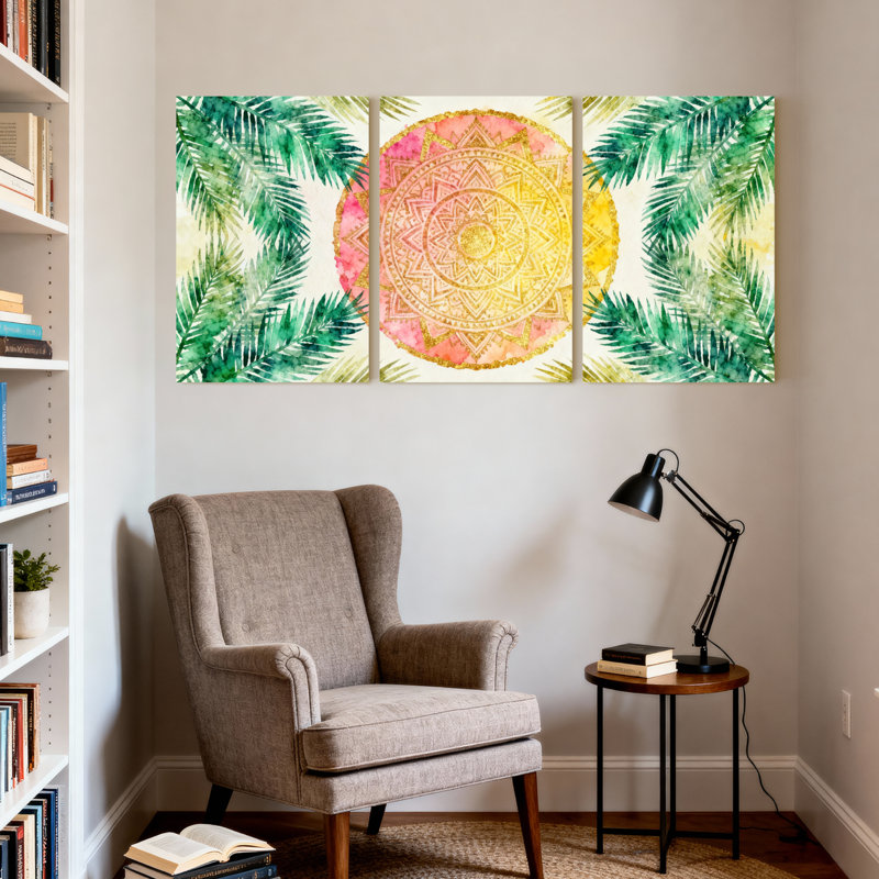 Palmiers, feuilles tropicales et mandala doré, ensemble de 3 impressions sur toile, H 30 po x l 60 po