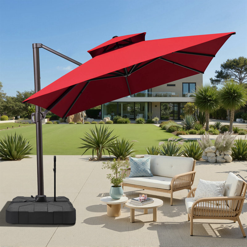 Parasol en porte-à-faux de patio 10 x 13 pi avec base lestée - déplaçable sans effort par une seule personne, Rouge