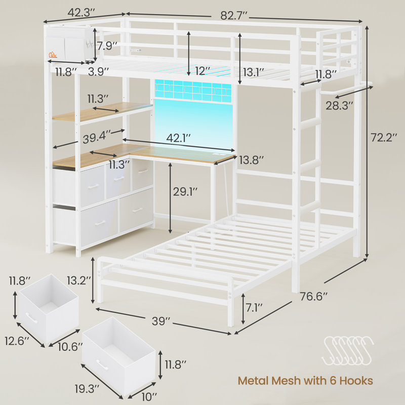 Bunk Bed With L-Shaped Desk,Loft Bed Frame With Led Lights And Charging Station,Metal Twin Xl Over Twin Bunk Bed With 5 Storage Drawers & 2 Shelves,Bunk Beds With Safety Guardrail & Ladder