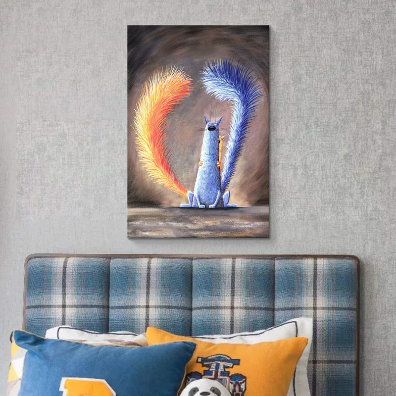Idea4wall, joli chat à queue, reproduction d'art sur toile, rouge et bleu, H 18 po x l 12 po x P 1,5 po