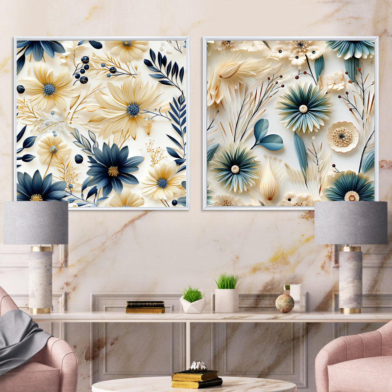 Auserine - Ensemble de 2 collages carrés botaniques abstraits, Cadre flottant blanc, H 36 po x l 73 po