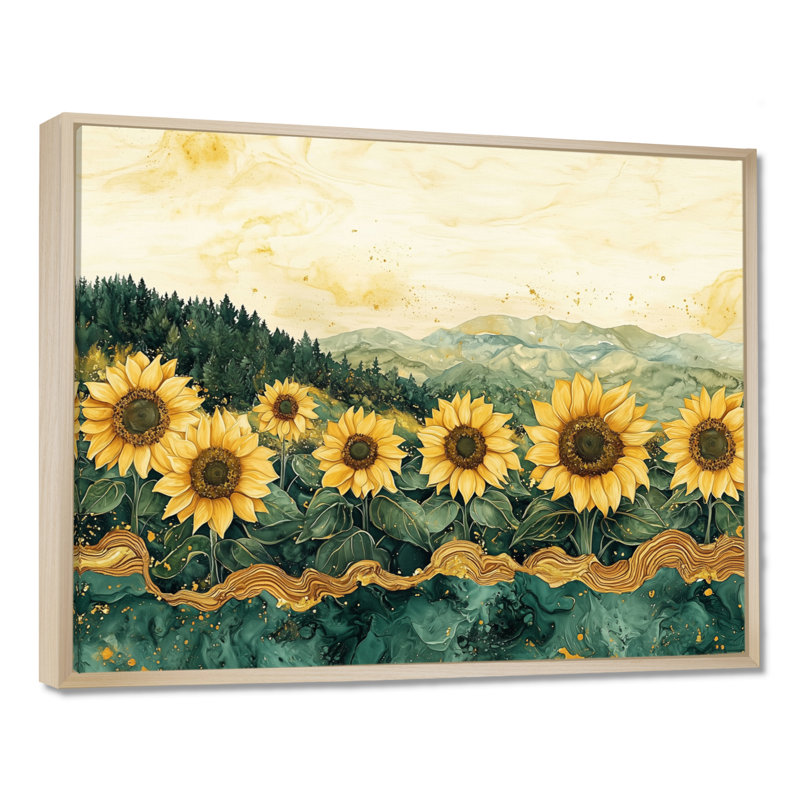 Doray, tournesols, paysage sur un sommet de la rivière Emerald - tournesols, art mural, H 12 po x l 20 po, Crème, crème