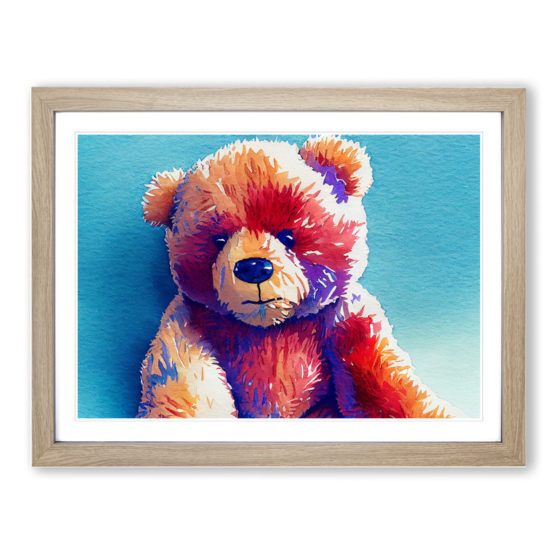 Cute Teddy Bear - Framed Print, 46cm H x 64cm W x 2cm D, Oak