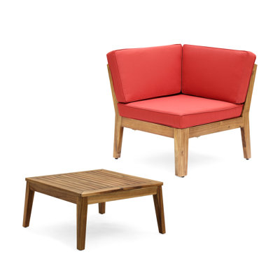 Table de coin et table basse en rouge - construction en bois, design à lattes élégant, coussins en tissu à l'eau, travail fin multicolore, matériau du coussin, structure modulaire