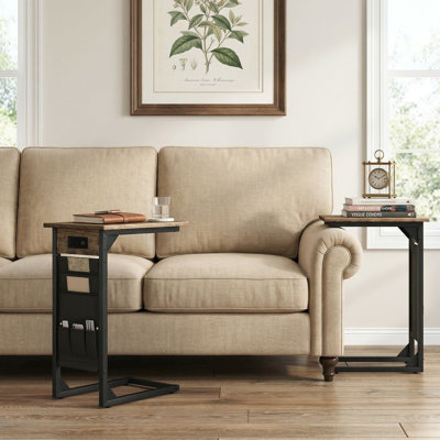 Set Of 2 Multifunctional C Shaped End Tables With Built In Fast Charging Station And Stable Anti Slip Base For Living Room