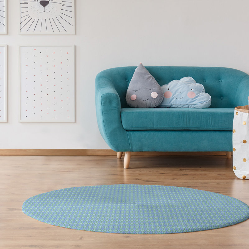 Tapis bleu ciel en losanges géométriques, Rond 5 pi