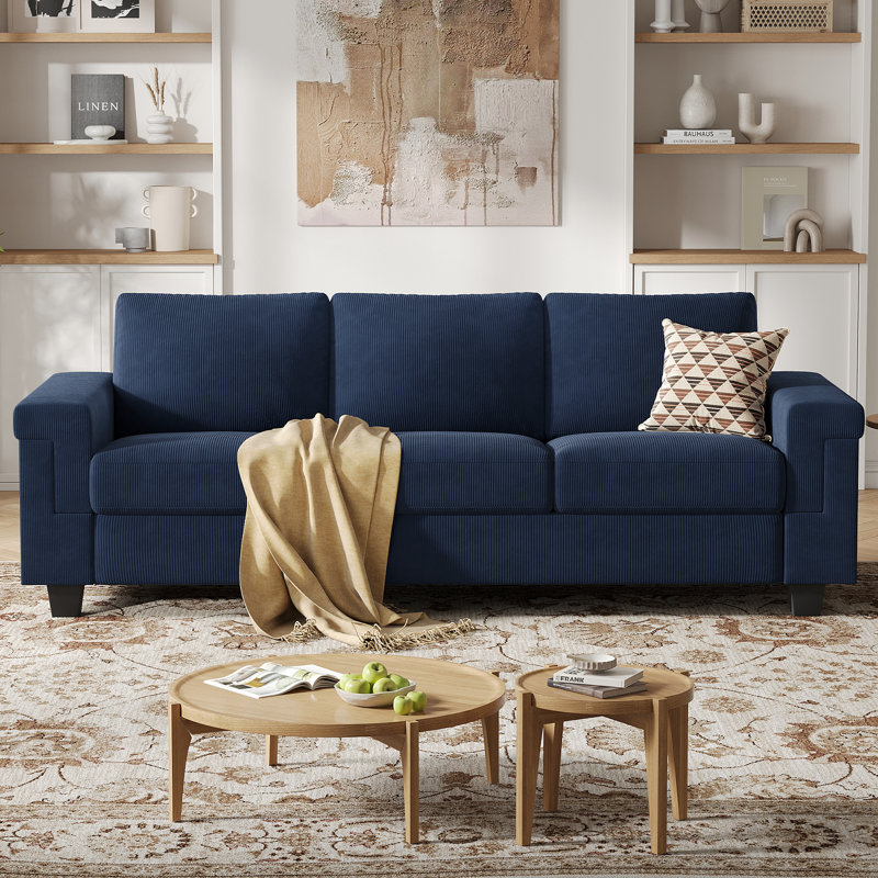 Canapé en polyester à accoudoirs carrés Dereon, H 32,7 po x l 90 po x P 35 po, Corduroy Blue