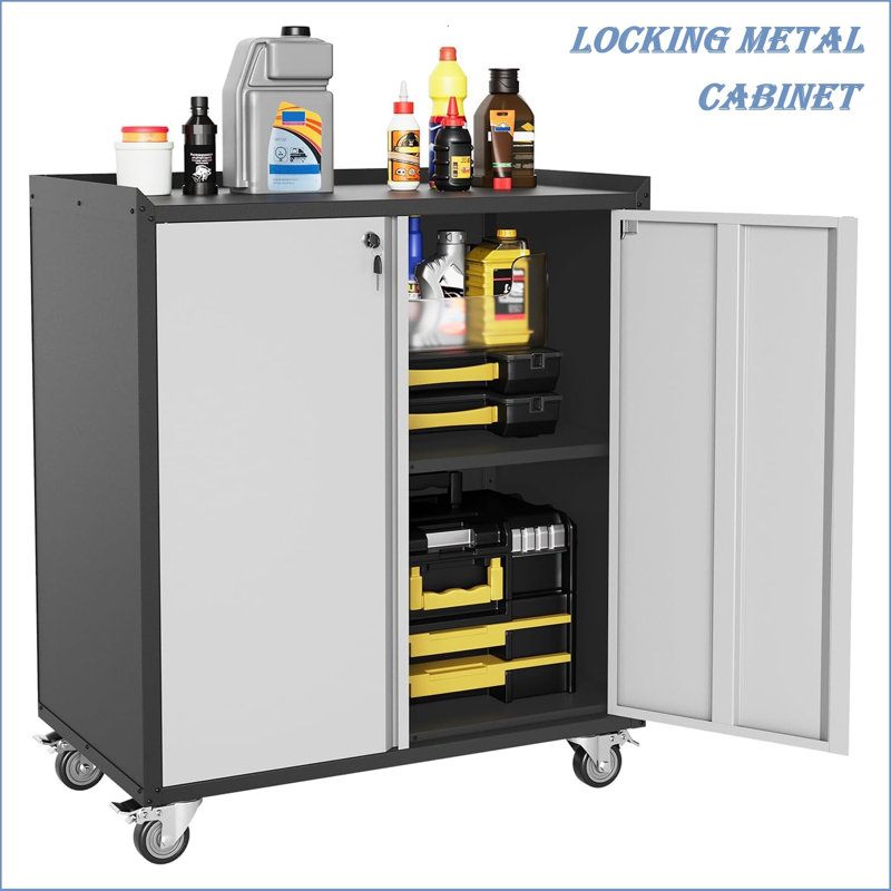35.43"high Garage Storage Cabinet  2 Doors With Wheels, Locking Steel Rolling Tools Chest With Handle, Metal Storage Cabinet With 1 Shelves For Garage, Home, Office
