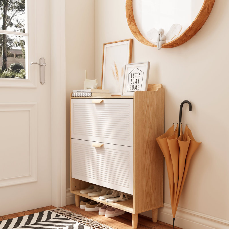 31.5 Inch Nordic Style Shoe Storage Cabinet With 2 Flip Drawers, Freestanding Organizer With Solid Wood Legs For Entryway, Narrow Shoe Rack Cabinet