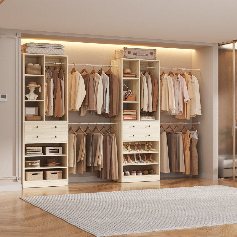 Système de placard avec 4 tiroirs en bois et étagères à chaussures, Chêne blanchi