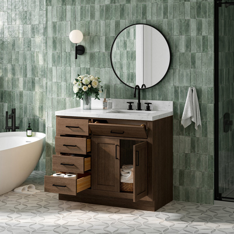 Meuble-lavabo simple en bois massif 42 po Tidworth avec plateau en quartz Carrara de 1,5 po, Oui, Forme rectangulaire