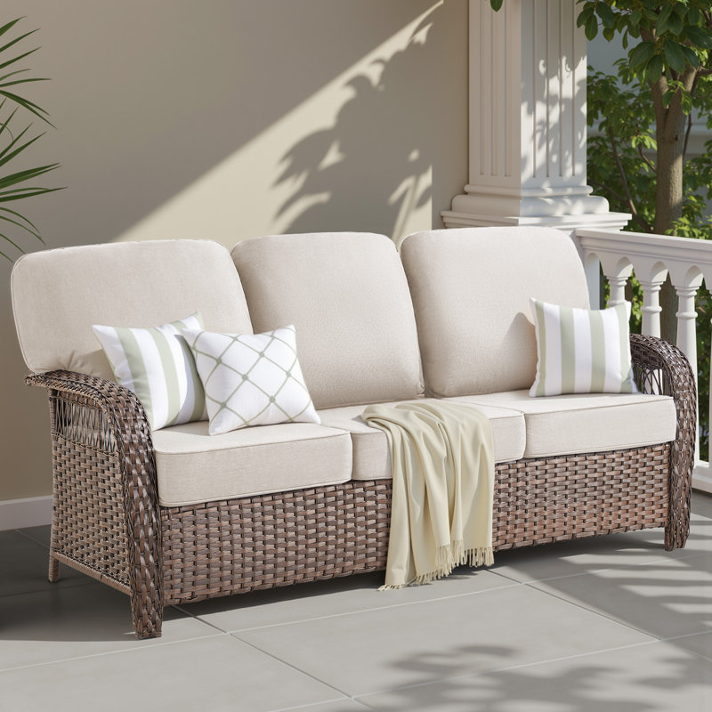 Canapé d'extérieur en osier de 75 po avec coussins de dossier en T beige et mousse épaisse de 5 po | Idée de cadeau, Beige