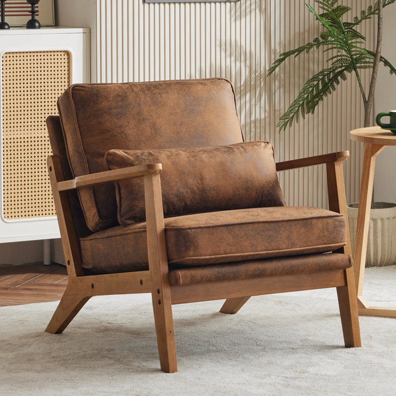 Lemley Upholstered Accent Chair With Wooden Legs And One Pillow, Brown Linen