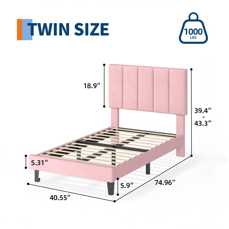 Ensemble de 2 structures de lit simples avec tête de lit capitonnée à hauteur réglable et structure de lit tapissier avec support à lattes en bois robuste, sans bruit, rose