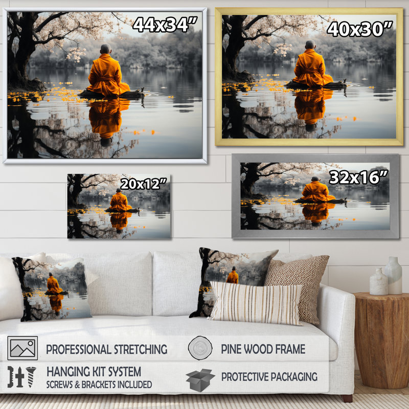 Moine thaïlandais à réflexion silencieuse, Cadre flottant noir, H 30 po x l 40 po x P 1,5 po