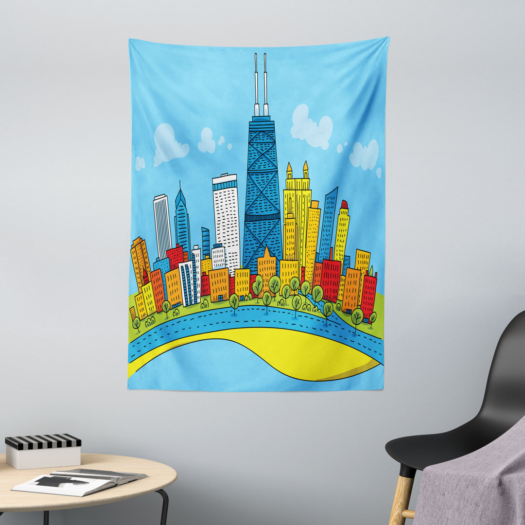 Wandteppich, Cartoon Blick auf die Stadt, Chicago Skyline, Mehrfarbig