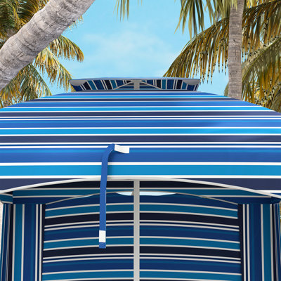 Portable Outdoor Beach Umbrella With Double-Top, Walls, Vents, Sandbags, Carry Bag, Blue Stripe, For 5.8' X Double-Top Offers Sun Protection At