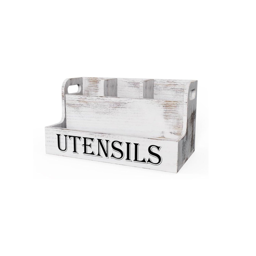 Extra Large Kitchen Utensils Holder with 4 Compartments, White Wooden