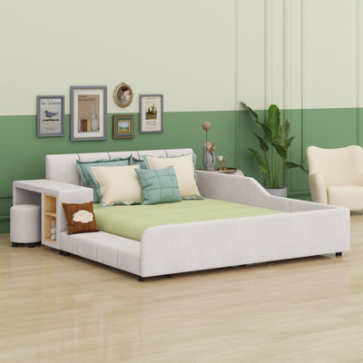 Upholstered Grounded Bed, Child Bed With Bedside Desk And Little Round Stool