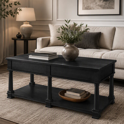 Farmhouse Wooden Coffee Table with 2 Storage Drawers & Lower Open Shelf, Rectangular Cocktail Table with Solid Wood Legs
