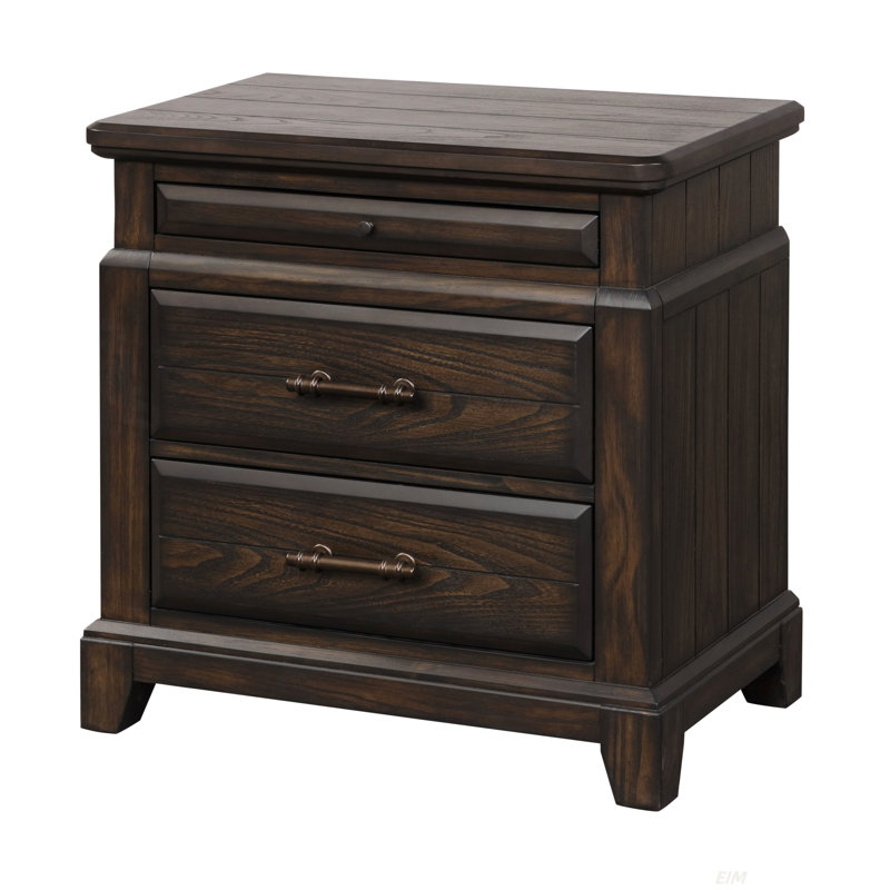Table de chevet 2 tiroirs, placages d'orme