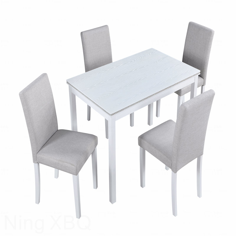 Ensemble de salle à manger 5 pièces en bois: table rectangulaire et 4 chaises rembourrées, décoration en cristal, Gris clair