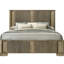 Cadre de grand lit avec tête de lit à DEL, style transitionnel, finition chêne antique, panneaux, bois massif pour chambre à coucher avec aspect rustique