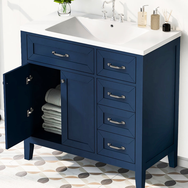 Meuble-lavabo de 36 po: armoire autoportante bleue avec tiroirs, lavabo encastré en céramique, bois d'hévéa massif et meuble-lavabo requis: trop-plein, structure, armoire à tiroirs, forme rectangulaire moderne,