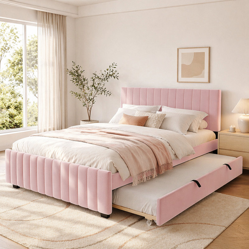 Grand lit plateforme tapissier en velours avec très grand lit simple, Pink