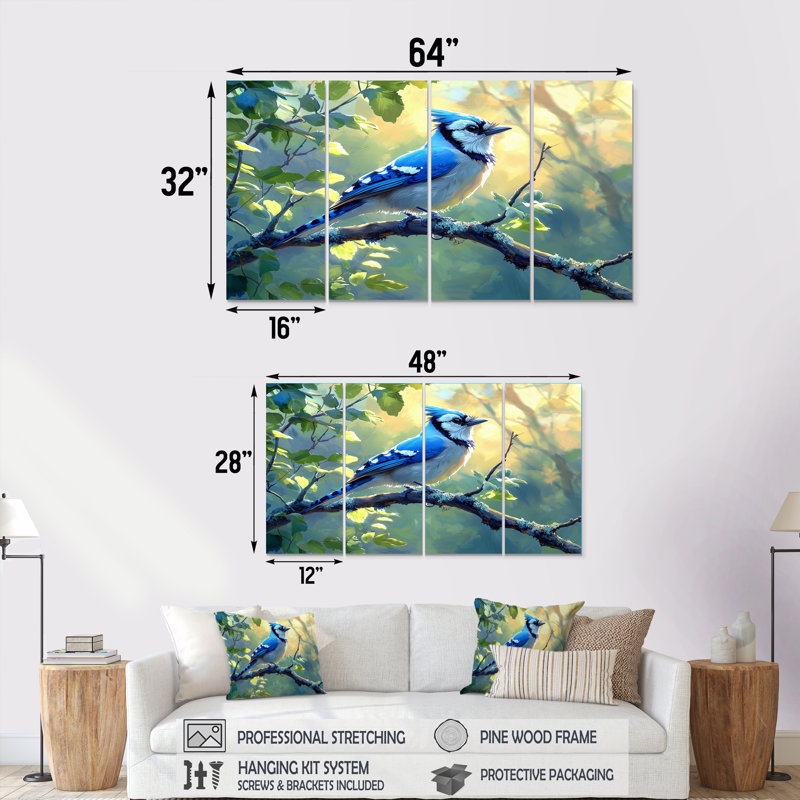 Aquarelle, geai bleu perché sur une branche I - Art mural oiseau - ensemble d'art mural moderne, H 28 po x l 48 po