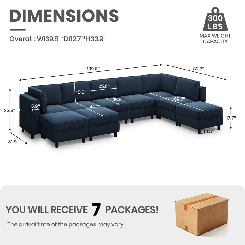 Sectional Sofa Livingroom Coner Couch With Storage Ottomans, Blue Velvet