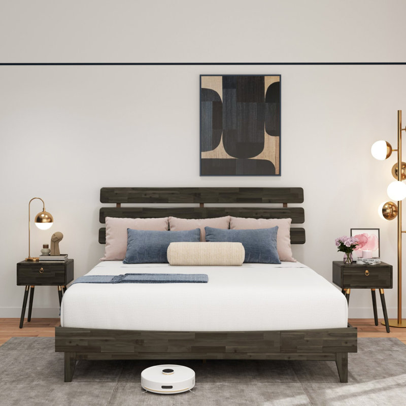 Caden Solid Wood Platform Bed with Adjustable Headboard, Mid-Century Modern, King, Mocha