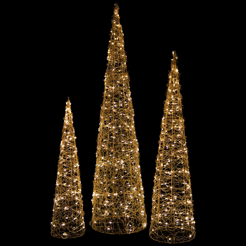 Set Of 3 LED Twinkle Lighted Copper Mesh Cone Trees Outdoor Christmas Decoration 39.5"