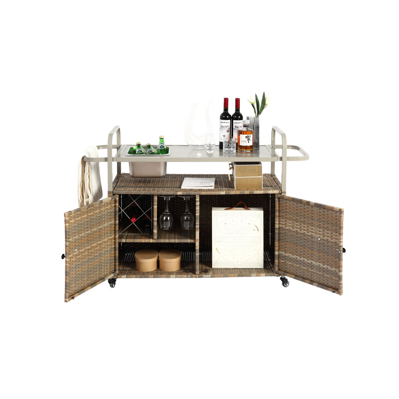Outdoor Bar Table, Wicker Bar Cart With Cabinet, Patio Serving Cart With Steel Top, With One Ice Bucket,Lockable Wheels, Side Basket For Garden, Poolside & Backyard