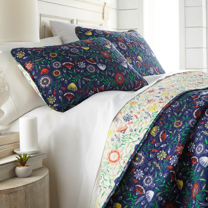Boho Bloom Blue Microfiber Quilt Set, Queen Quilt + 2 Standard Shams