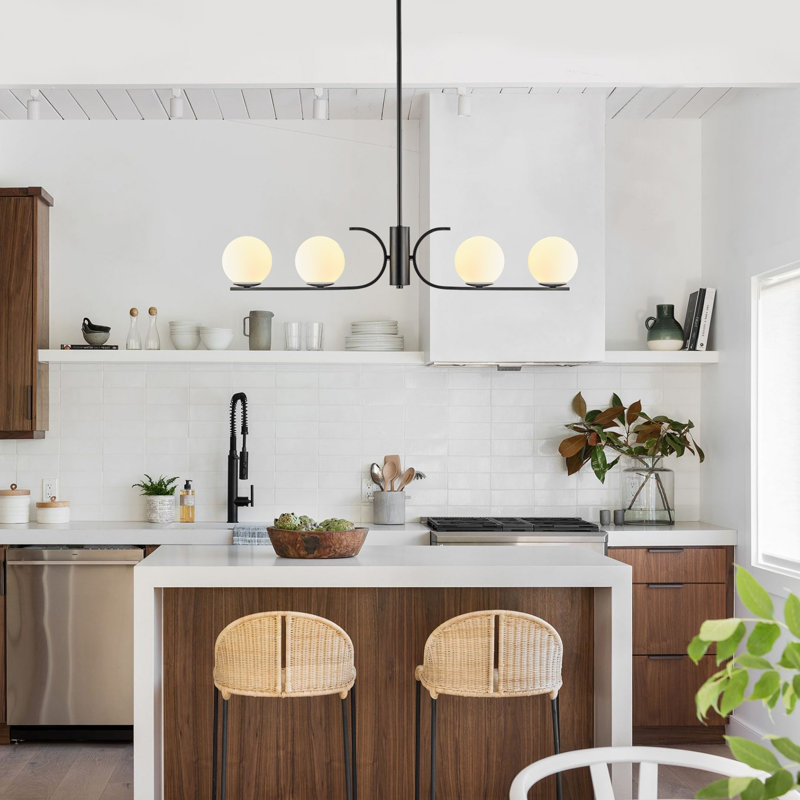 Alegria 4-Light Dimmable Kitchen Island Linear Chandelier White Bubble, Matte Black