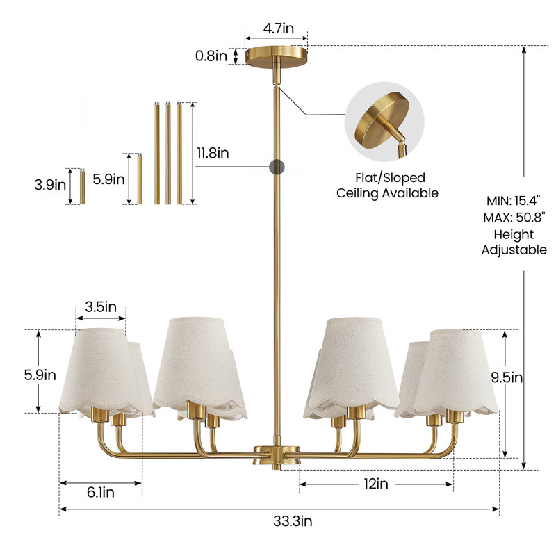8-Light Modern Dimmable Chandelier With Fabric Shades, Brushed Gold