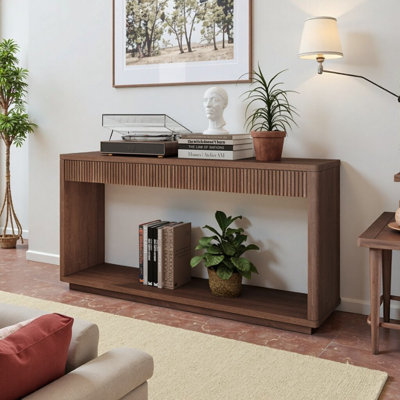 Modern 60" Walnut Console Table with Fluted Drawers - Stylish Sofa Table & Entryway Organizer
