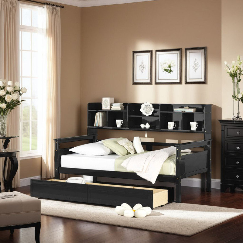 Elegant Daybed with Storage – 2 Drawers & Shelf, Multi-Functional Sofa Bed? Twin Size L-shaped Bookcases, Brown