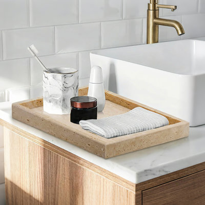 Luxury Yellow Travertine Stone Vanity Tray – Handcrafted Rectangular Decorative Tray – Polished Marble Catchall for Bathroom, Perfume, Jewellery, Accessories – Modern Home Decor – Yellow, 30x20x3cm
