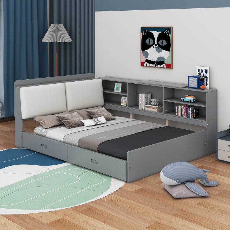 Lit plateforme en bois avec tête de lit avec rangement, tablettes et 2 tiroirs, Double, Gris