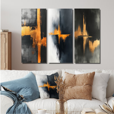 «Black and Gold Converge Dream I» - Collection de 3 panneaux sur toile de minimalisme
