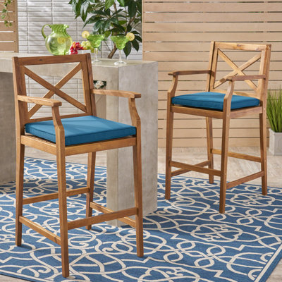 Zaryiah 28.5" Teak Patio Bar Stool with Cushion by Red Barrel Studio
