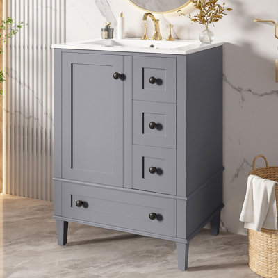 Meuble-lavabo autoportant 24 po avec lavabo en céramique, porte à fermeture en douceur et tiroirs 24 po