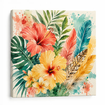 Tropical Hibiscus Resort Wrapped Canvas Wall Art, Bright Coastal Floral Decor